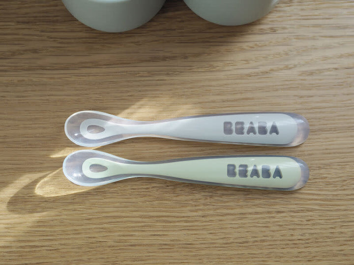 Beaba 1st Stage Silicone Spoon Travel Twin Set with Case - Velvet Grey/ Sage Green