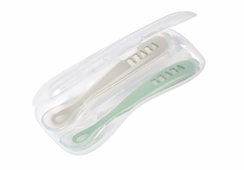 Beaba 1st Stage Silicone Spoon Travel Twin Set with Case - Velvet Grey/ Sage Green