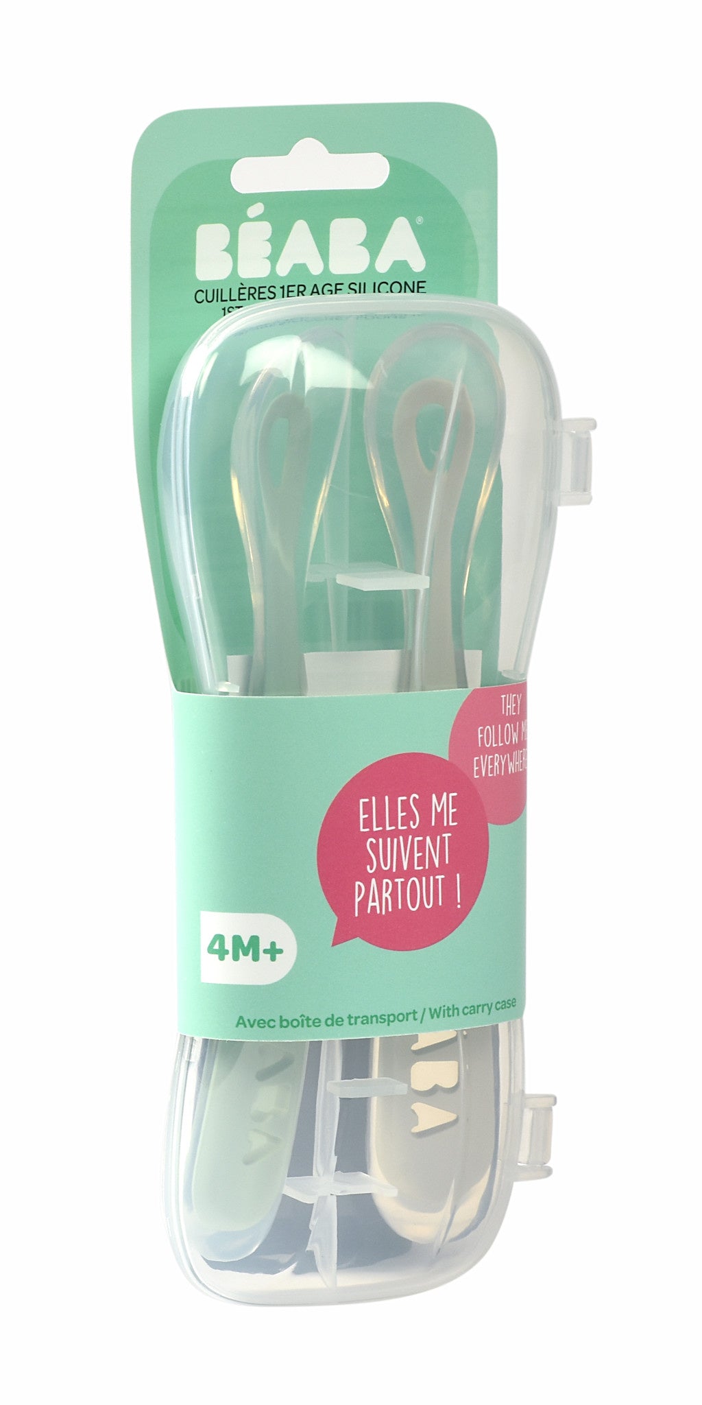 Beaba 1st Stage Silicone Spoon Travel Twin Set with Case - Velvet Grey/ Sage Green
