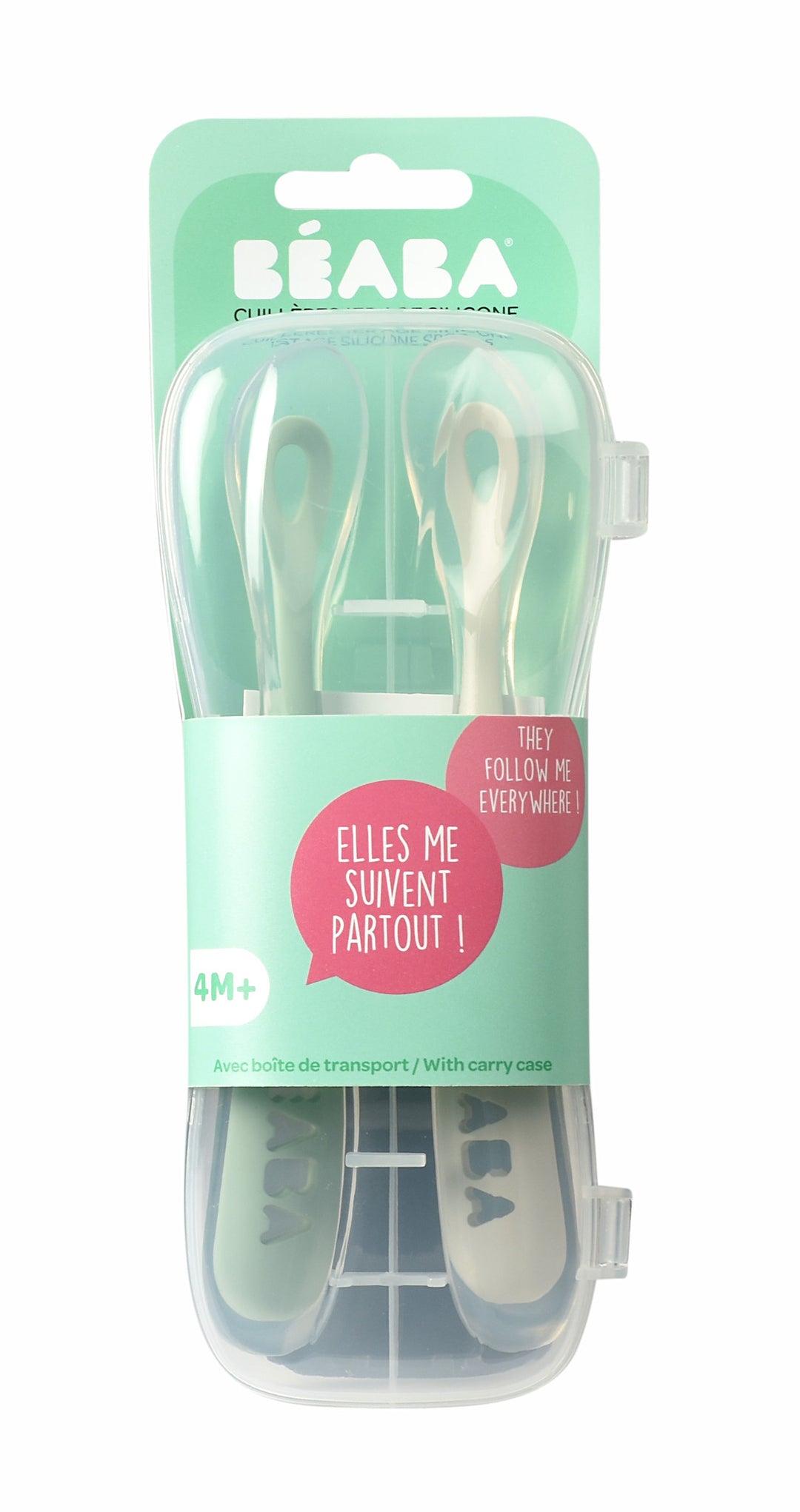 Beaba 1st Stage Silicone Spoon Travel Twin Set with Case - Velvet Grey/ Sage Green