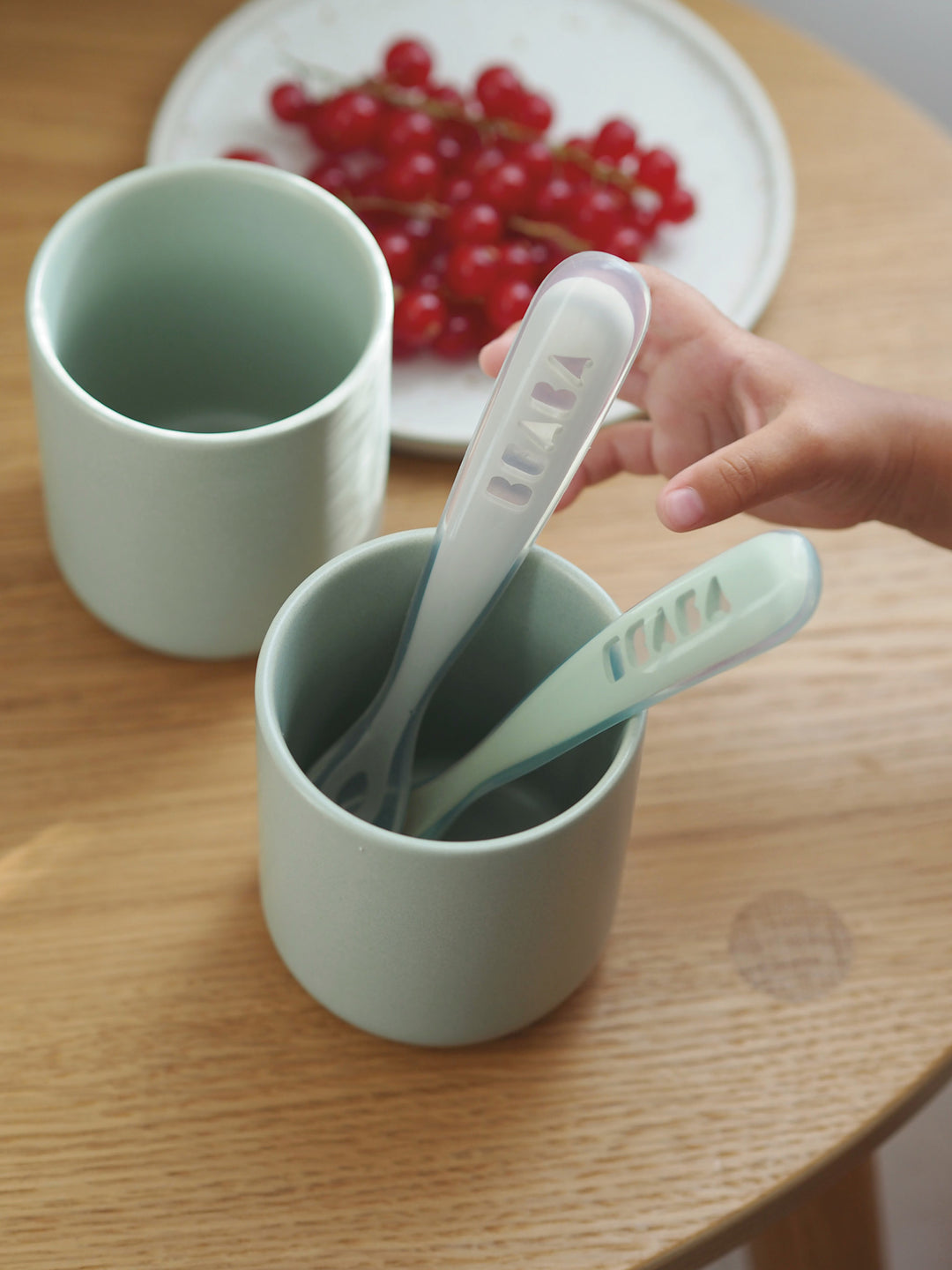 Beaba 1st Stage Silicone Spoon Travel Twin Set with Case - Velvet Grey/ Sage Green
