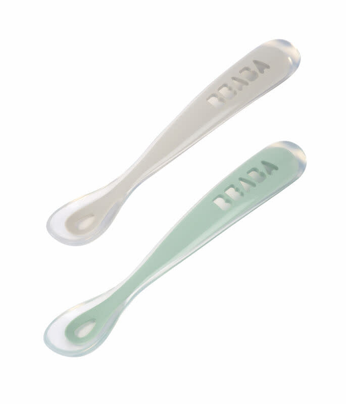 Beaba 1st Stage Silicone Spoon Travel Twin Set with Case - Velvet Grey/ Sage Green