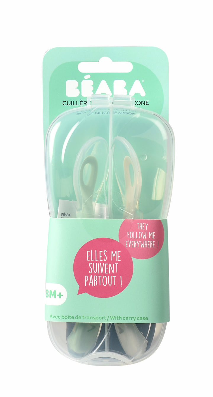 Beaba 2nd Stage Soft Silicone Spoon with case - Velvet Grey/Sage Green