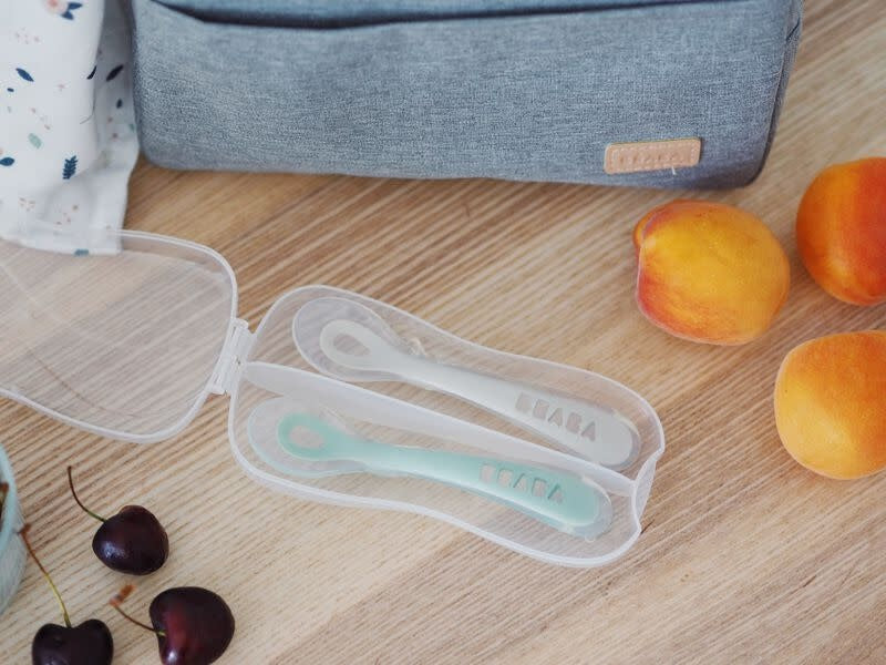 Beaba 2nd Stage Soft Silicone Spoon with case - Velvet Grey/Sage Green