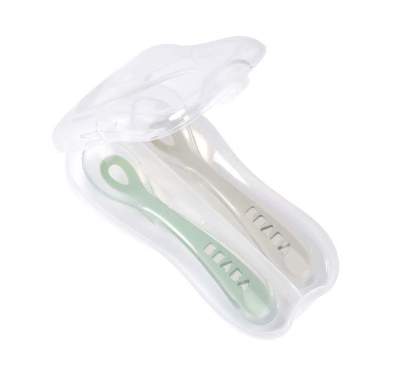 Beaba 2nd Stage Soft Silicone Spoon with case - Velvet Grey/Sage Green