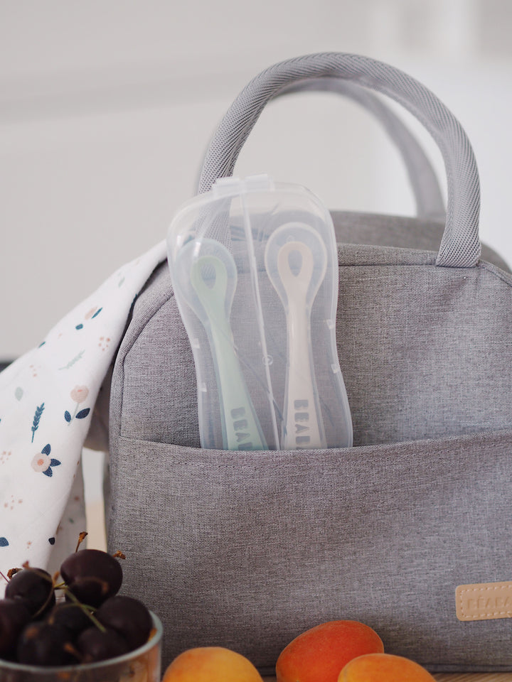 Beaba 2nd Stage Soft Silicone Spoon with case - Velvet Grey/Sage Green