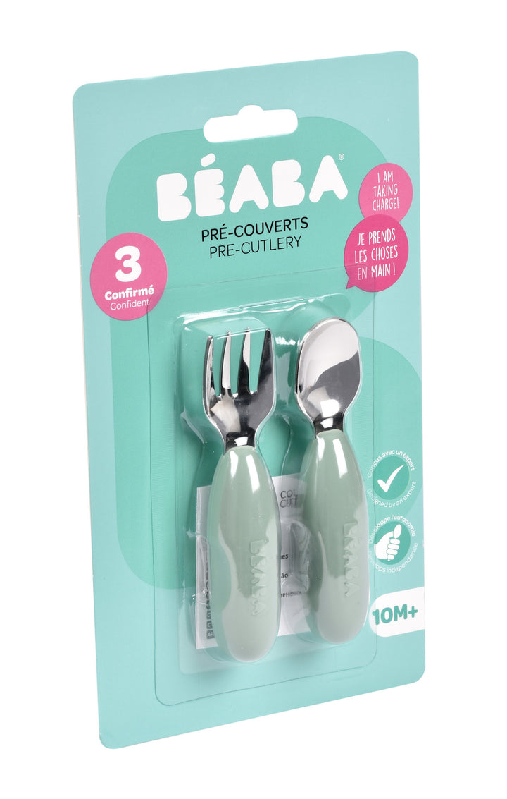 Beaba Fork & Spoon Stainless Steel Pre-Cutlery - Sage Green