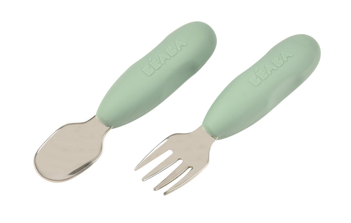 Beaba Fork & Spoon Stainless Steel Pre-Cutlery - Sage Green