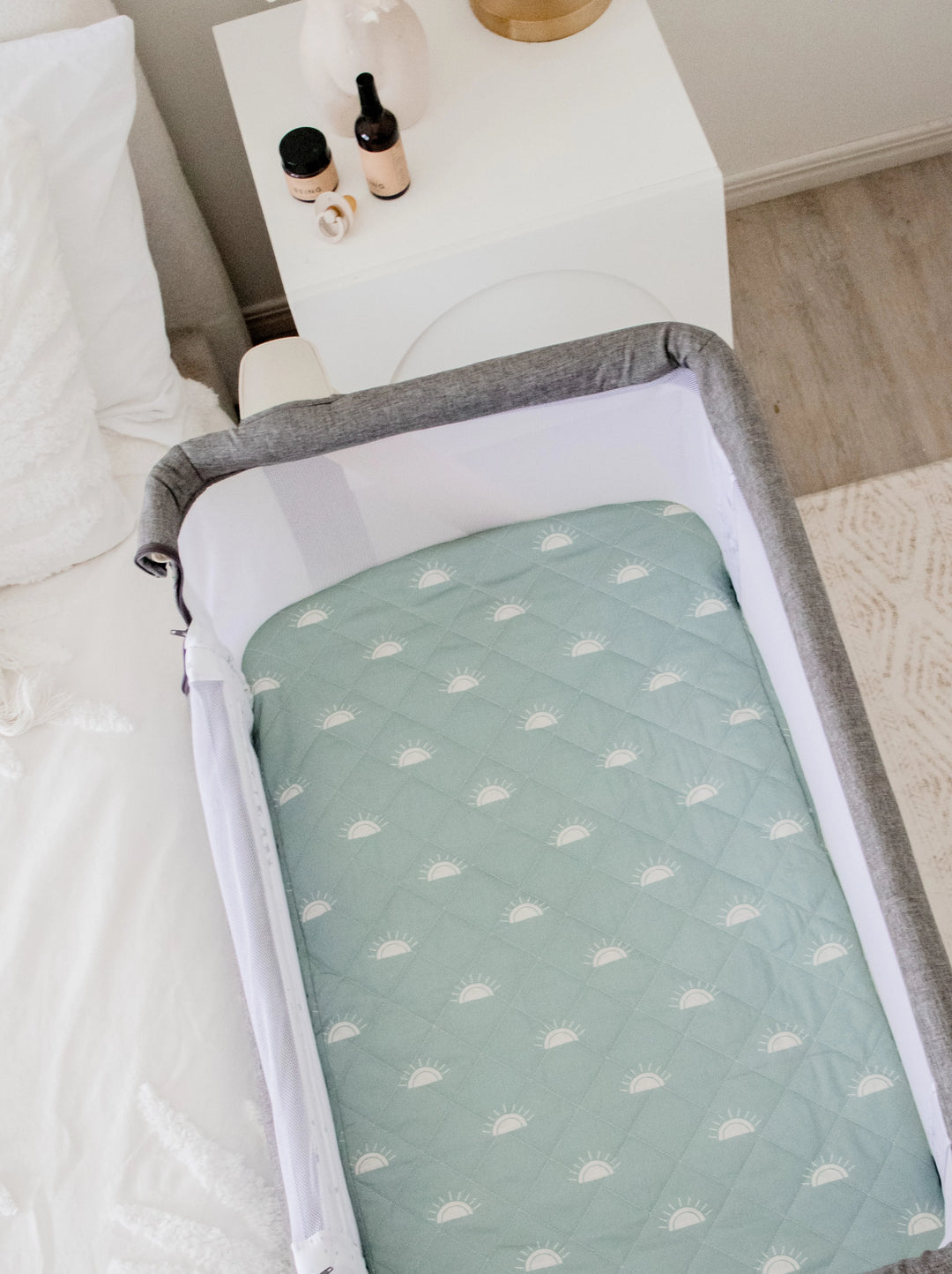 Bambella Designs Co-Sleeper Fitted Waterproof Sheet | Sage Sunshine