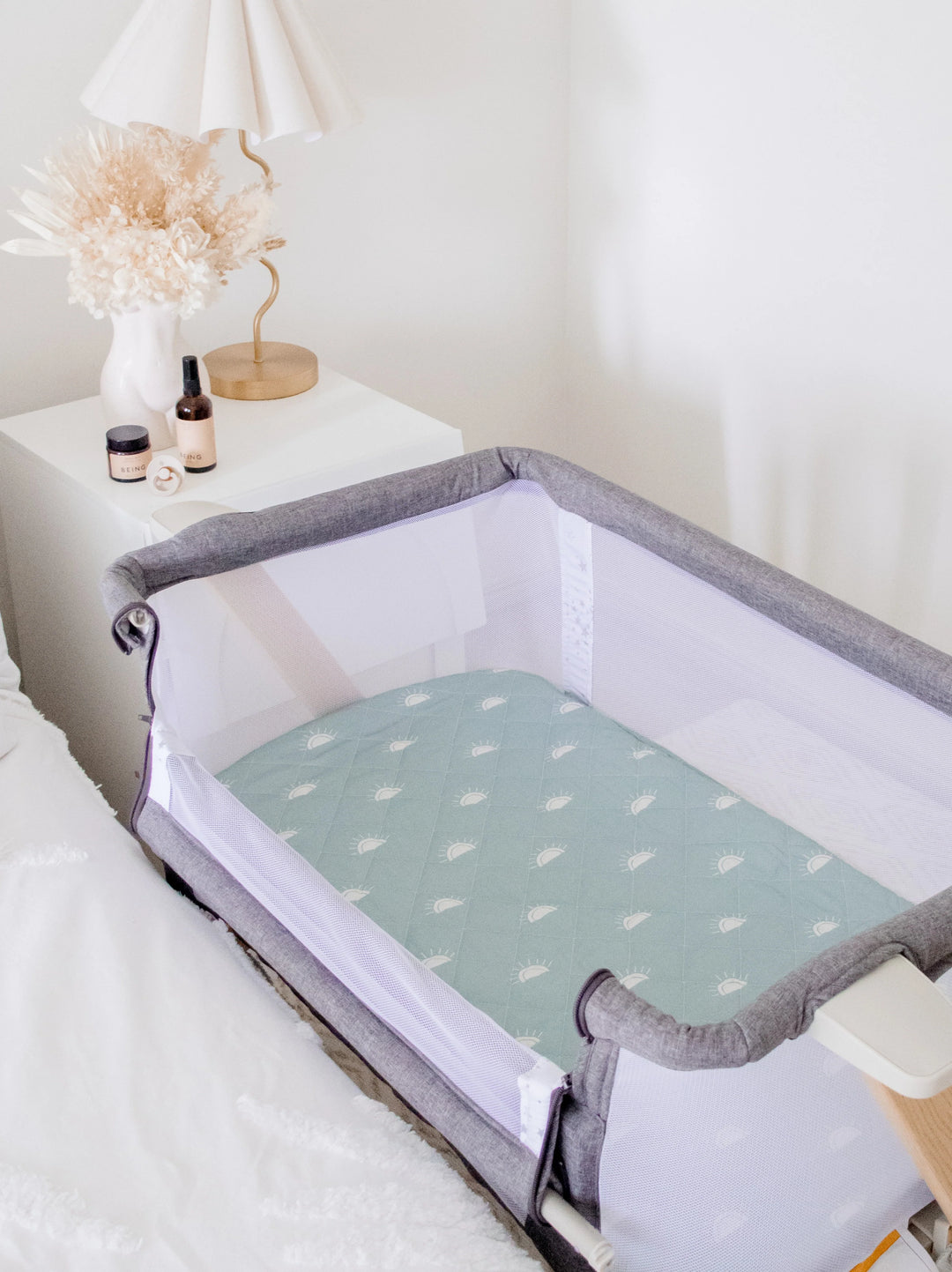 Bambella Designs Co-Sleeper Fitted Waterproof Sheet | Sage Sunshine