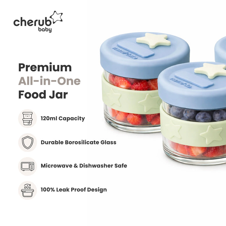 Cherub Baby SILICONE & GLASS BABY FOOD STORAGE 3PK 120ML - CERULEAN/SAGE