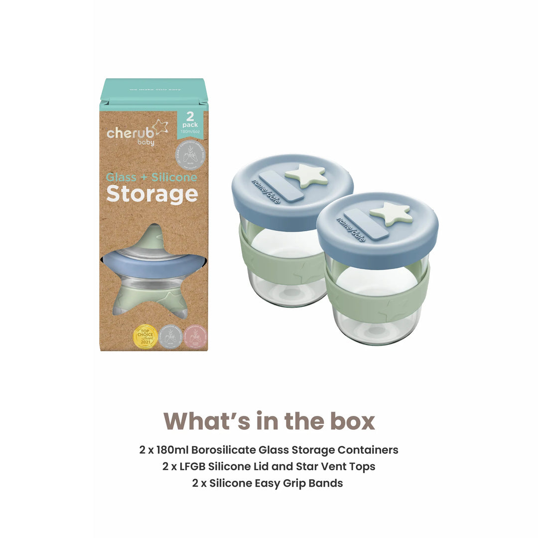 Cherub Baby SILICONE & GLASS BABY FOOD STORAGE 2PK 180ML - CERULEAN/SAGE