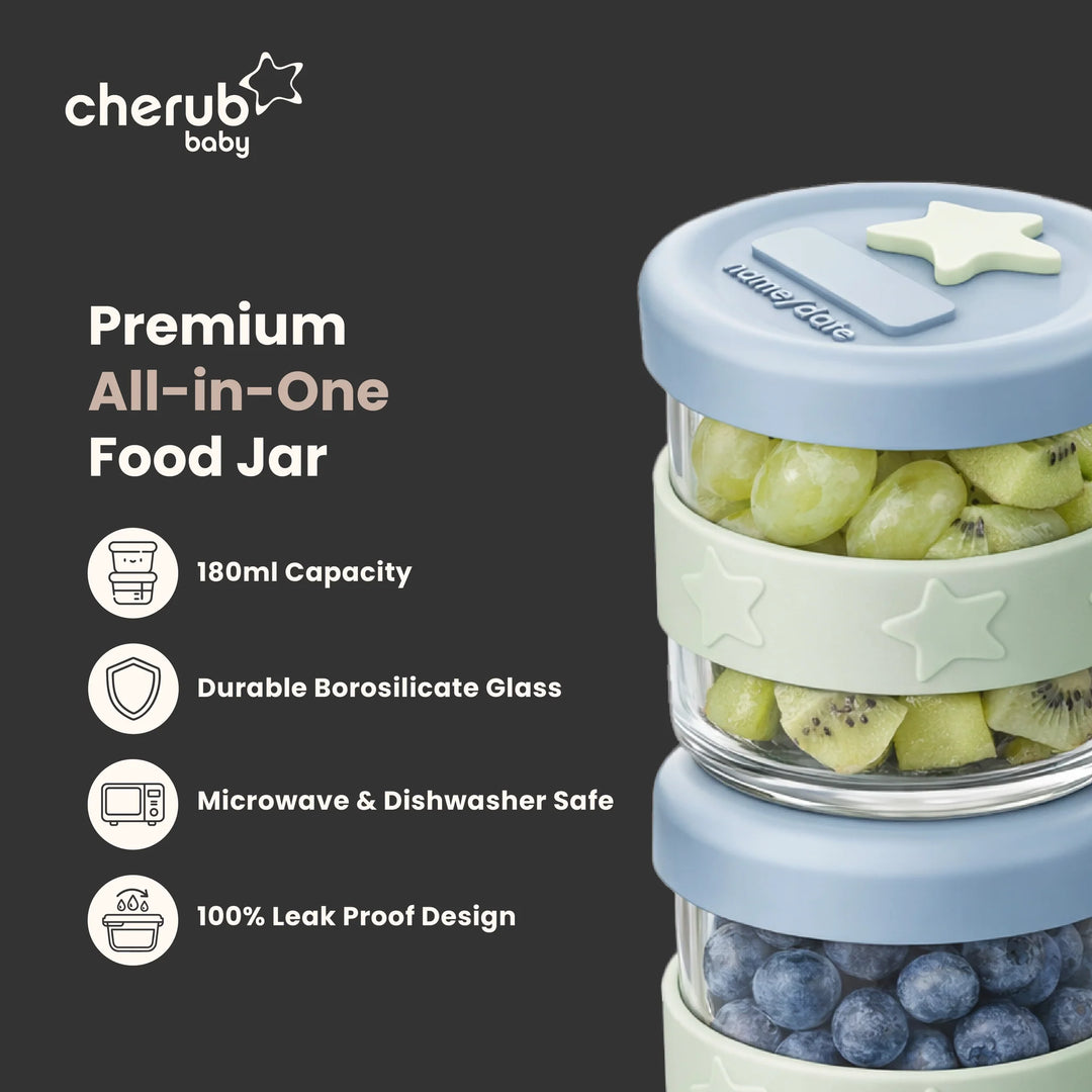 Cherub Baby SILICONE & GLASS BABY FOOD STORAGE 2PK 180ML - CERULEAN/SAGE