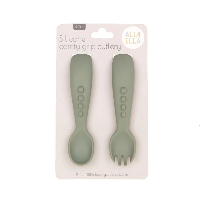 All4Ella Silicone comfy grip cutlery – Spoon + Fork Set - Olive