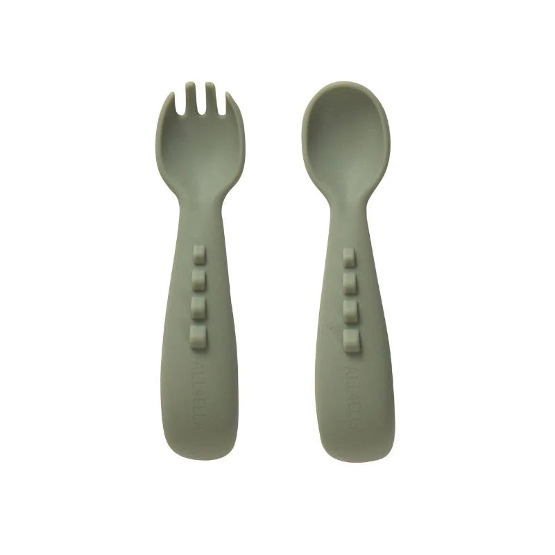 All4Ella Silicone comfy grip cutlery – Spoon + Fork Set - Olive