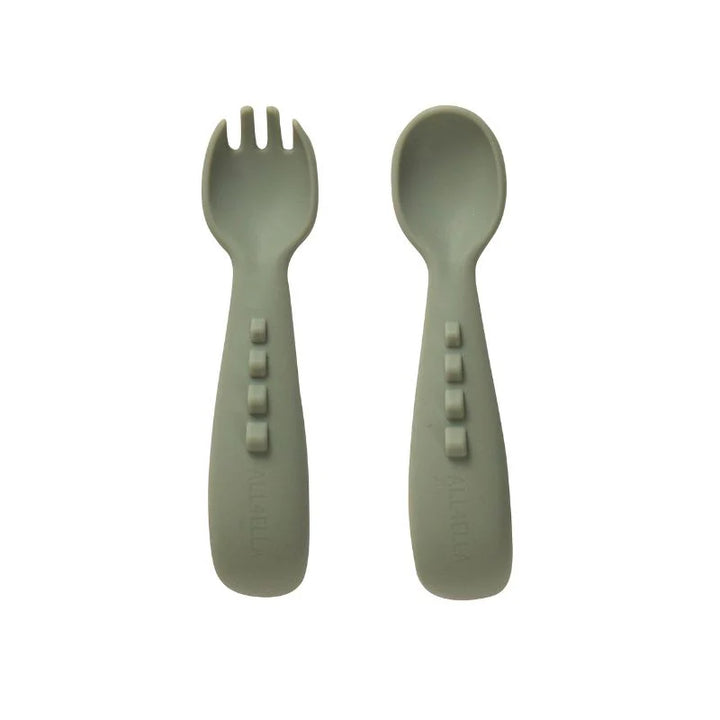 All4Ella Silicone comfy grip cutlery – Spoon + Fork Set - Olive