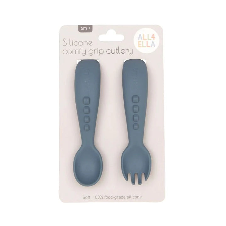 All4Ella Silicone comfy grip cutlery – Spoon + Fork Set - Slate Blue