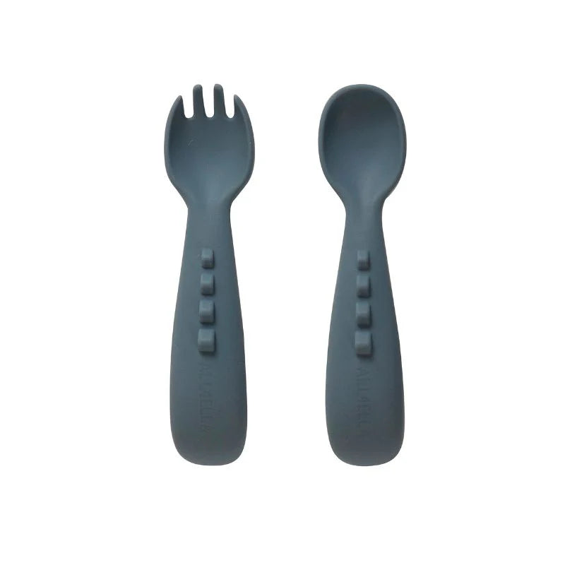 All4Ella Silicone comfy grip cutlery – Spoon + Fork Set - Slate Blue