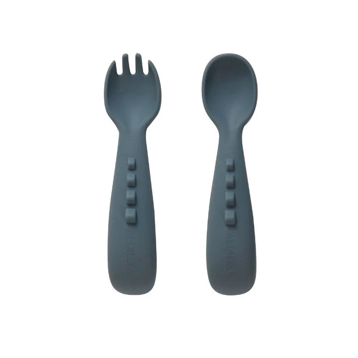 All4Ella Silicone comfy grip cutlery – Spoon + Fork Set - Slate Blue