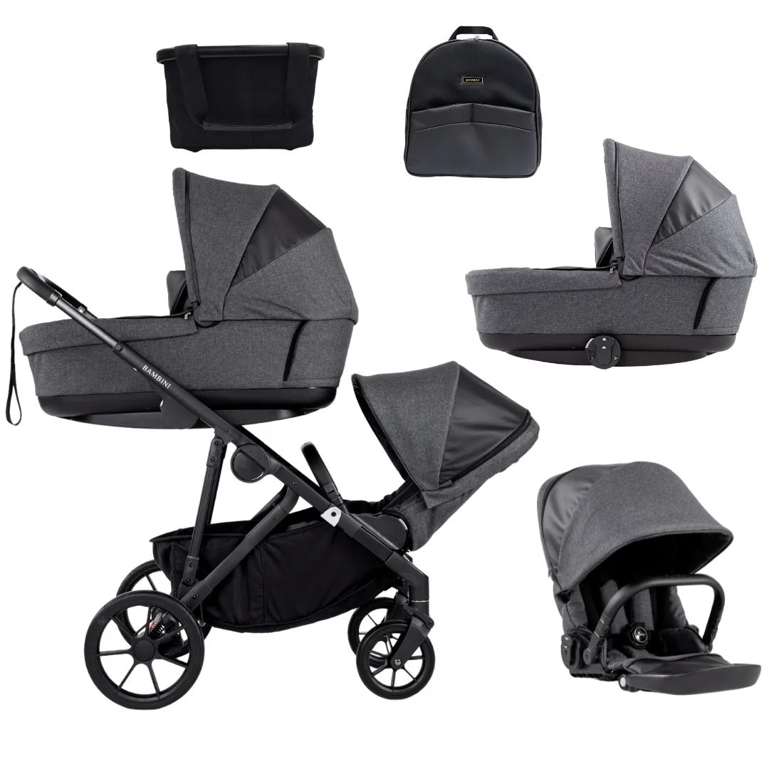 Bambini LISBON Single-to-Double Pram - HENRI Charcoal/Black Twin Bundle