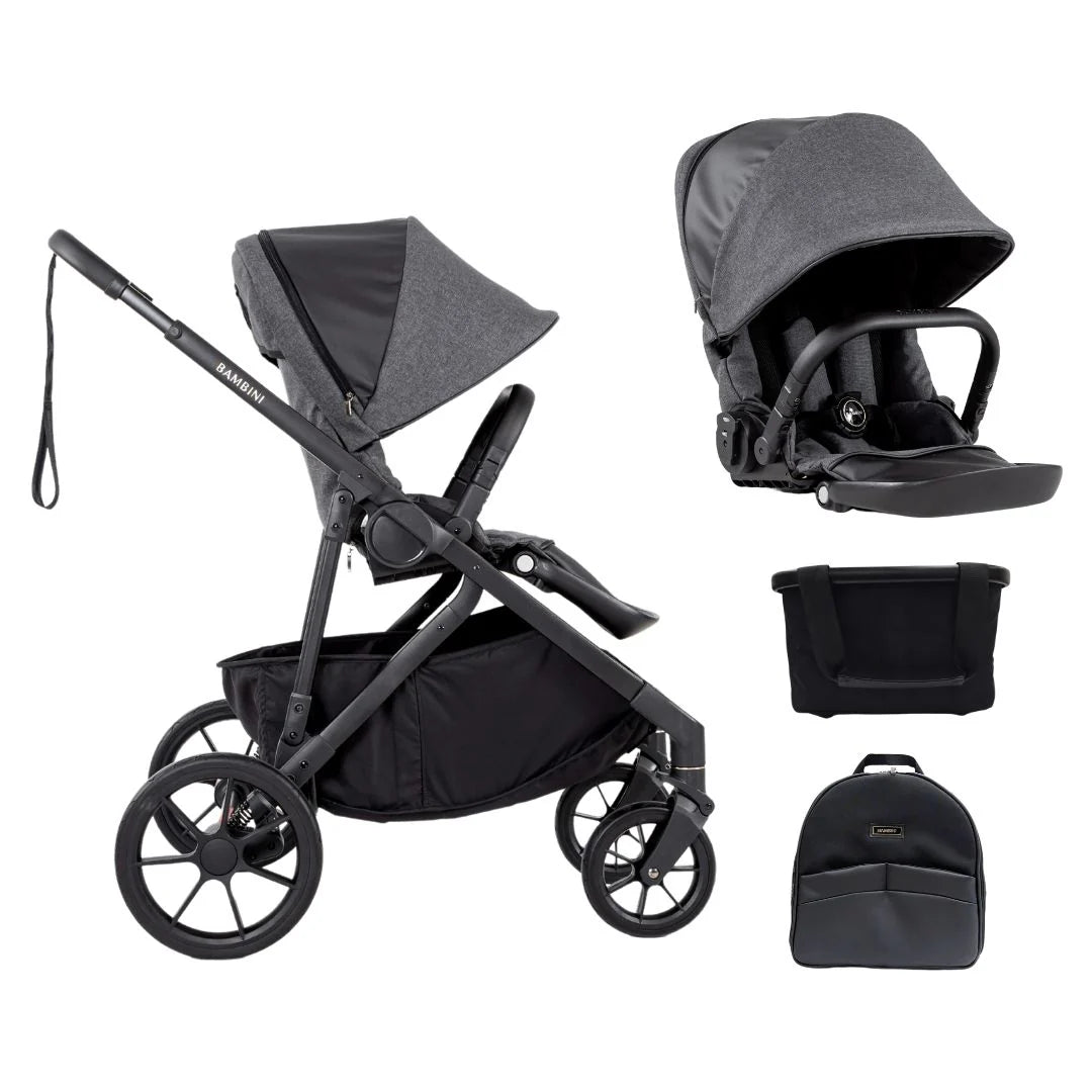 Bambini LISBON Single-to-Double Pram - HENRI Charcoal/Black Two Seat Bundle