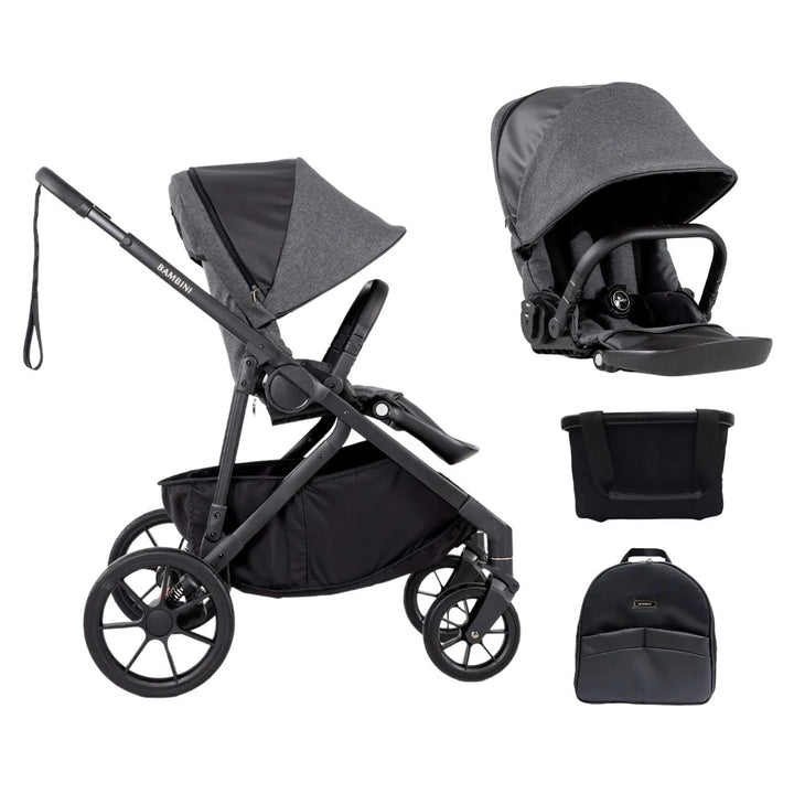 Bambini LISBON Single-to-Double Pram - HENRI Charcoal/Black Two Seat Bundle