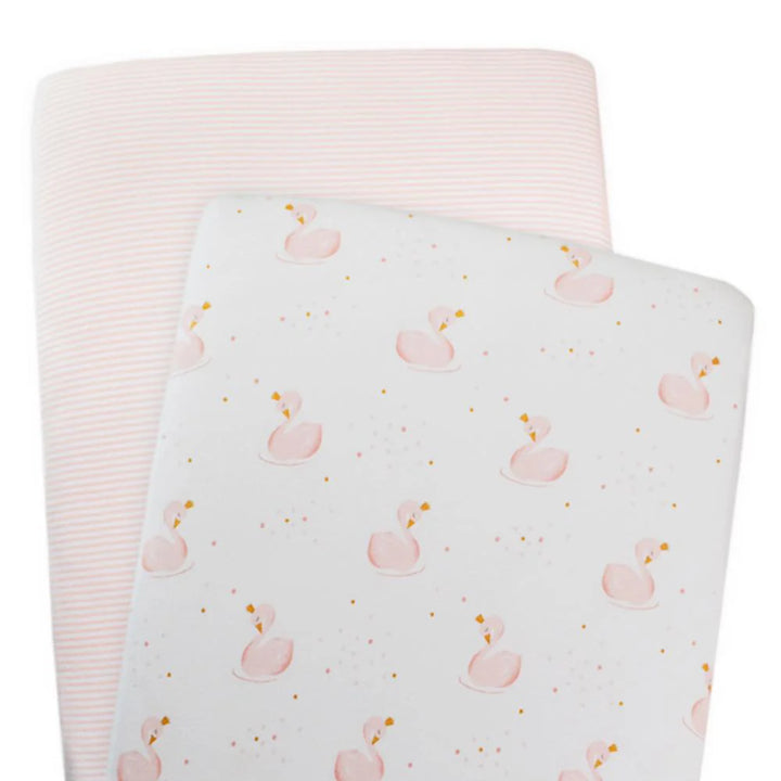 Living Textiles 2-pack Jersey Bassinet Fitted Sheet(40 x 80 x 12cm)- Swan Princess|Pink Stripe