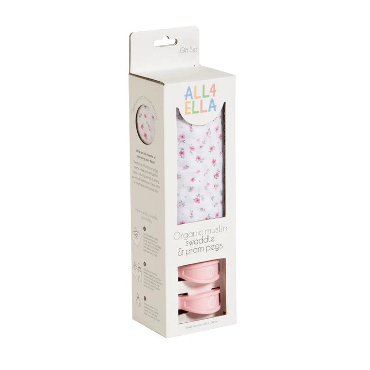 All4Ella Muslin swaddle & 2 pram peg gift set - Pink Petals
