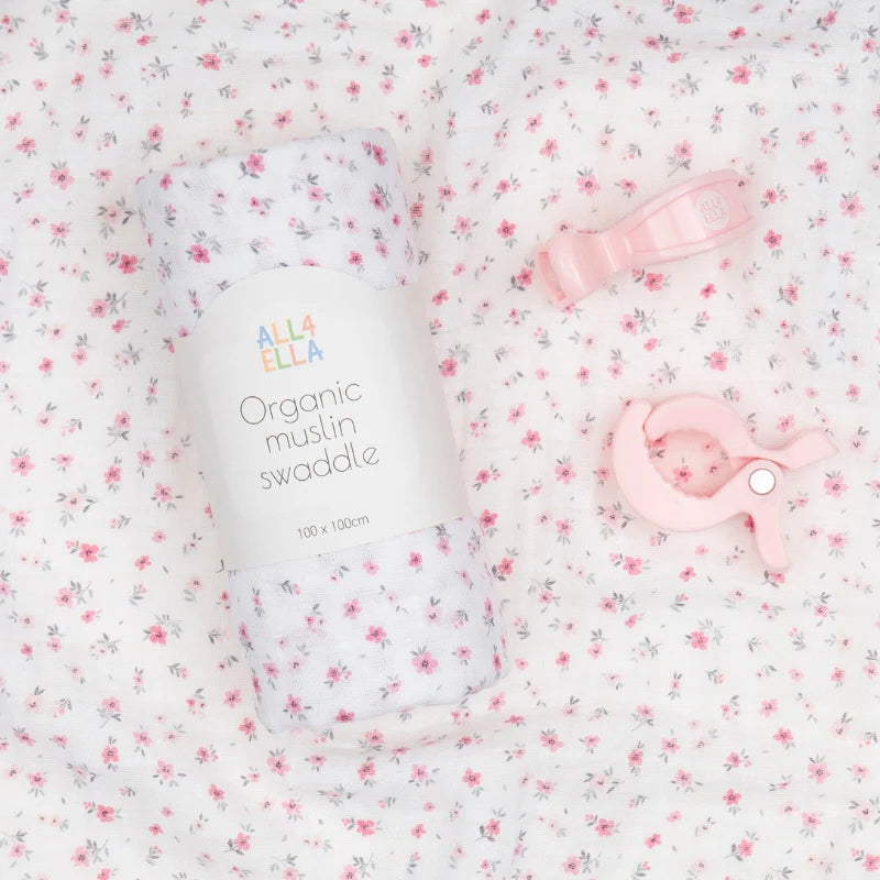 All4Ella Muslin swaddle & 2 pram peg gift set - Pink Petals