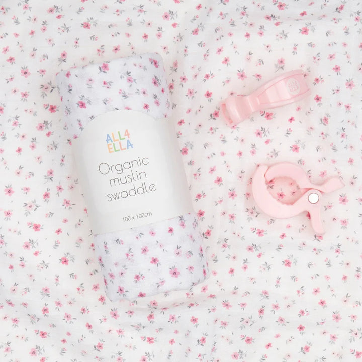All4Ella Muslin swaddle & 2 pram peg gift set - Pink Petals