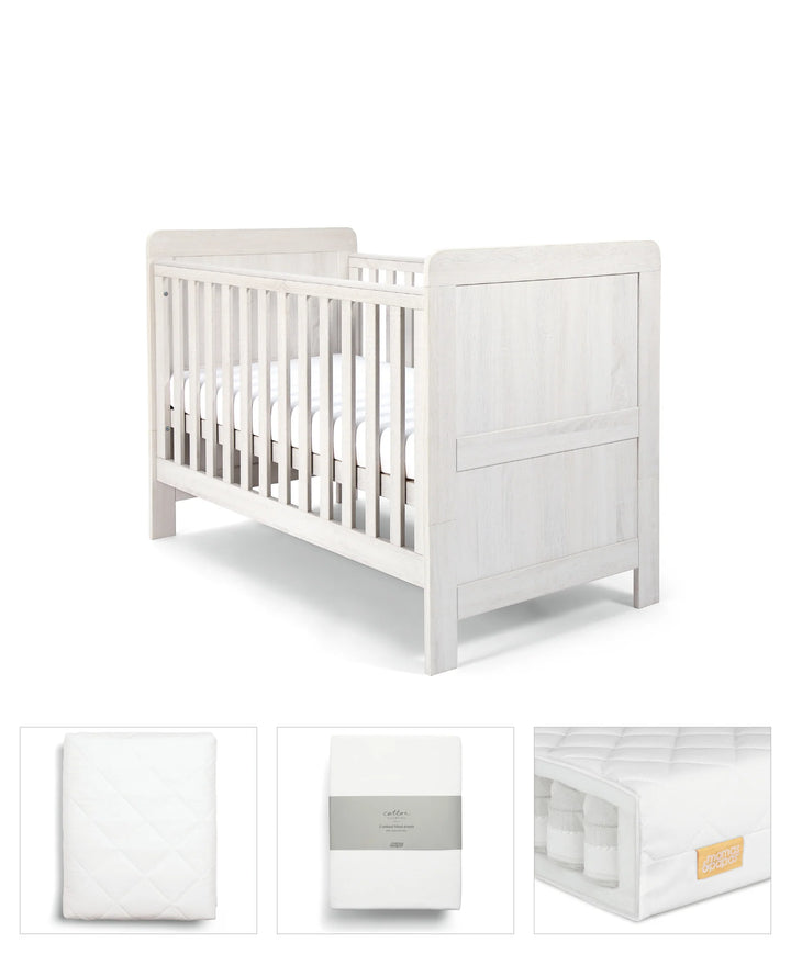 Mamas & Papas Atlas 4 Piece Set with Cotbed, Mattress, Fitted Sheets & Mattress Protector - White Wash