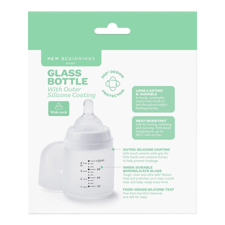 NEW BEGINNINGS GLASS BOTTLE 120ML TWIN SILICONE OUTER