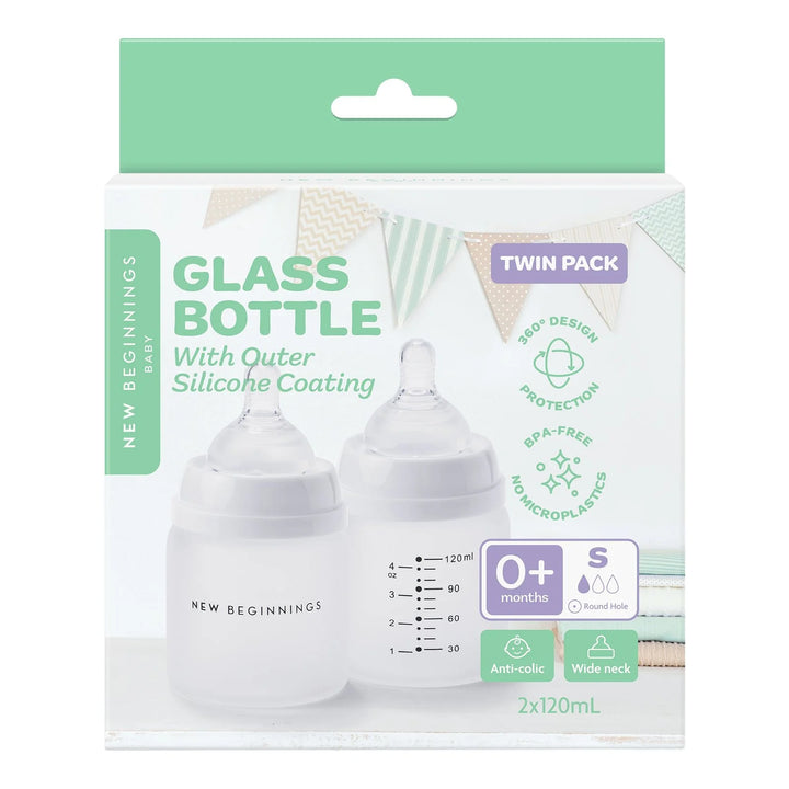 NEW BEGINNINGS GLASS BOTTLE 120ML TWIN SILICONE OUTER
