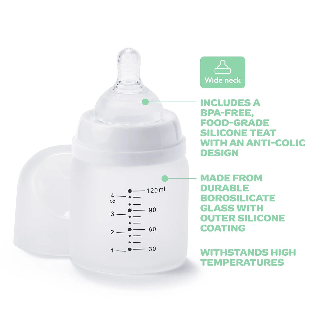 NEW BEGINNINGS GLASS BOTTLE 120ML TWIN SILICONE OUTER