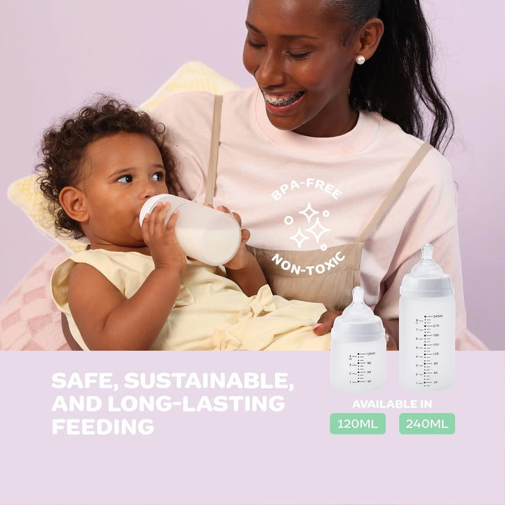 NEW BEGINNINGS GLASS BOTTLE 120ML TWIN SILICONE OUTER