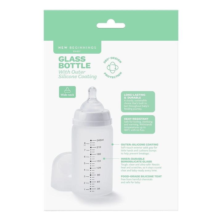 NEW BEGINNINGS GLASS BOTTLE 240ML TWIN SILICONE OUTER