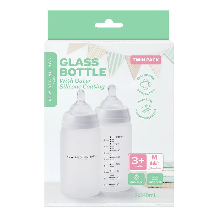 NEW BEGINNINGS GLASS BOTTLE 240ML TWIN SILICONE OUTER