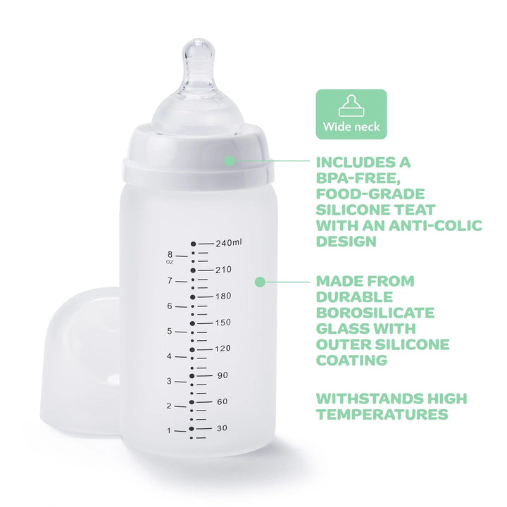 NEW BEGINNINGS GLASS BOTTLE 240ML TWIN SILICONE OUTER