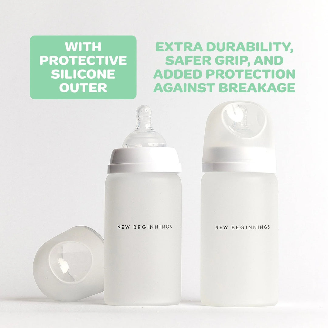 NEW BEGINNINGS GLASS BOTTLE 240ML TWIN SILICONE OUTER