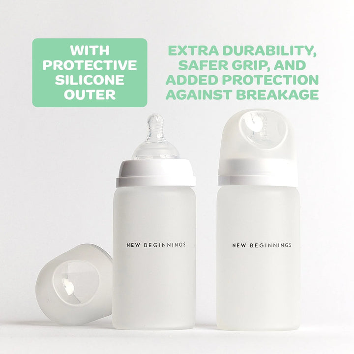 NEW BEGINNINGS GLASS BOTTLE 240ML TWIN SILICONE OUTER