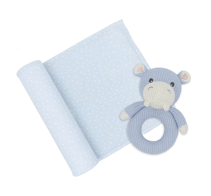 Jersey Swaddle & Ring Rattle Gift Set-Confetti/Hippo