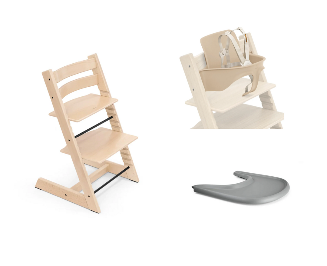 Stokke® Highchair Tripp Trapp® Chair Natural + Baby Set 2 Natural + Tray Grey (Brisbane Store Ex-Display)