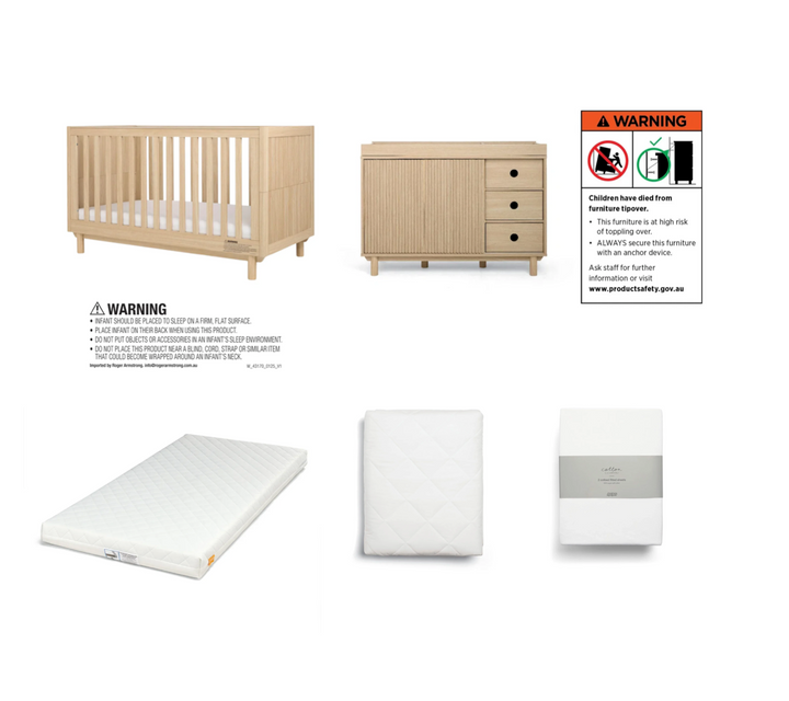 Mamas & Papas Oska Cotbed & 3 drawer WIDE Dresser Bundle (5 Pieces) - Oak