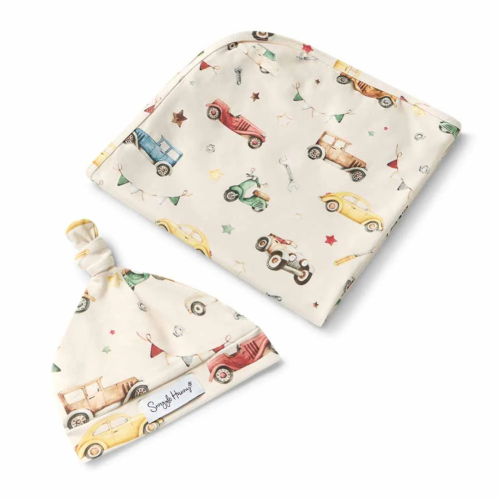 Organic Jersey Wrap & Beanie Set - Vintage Cars