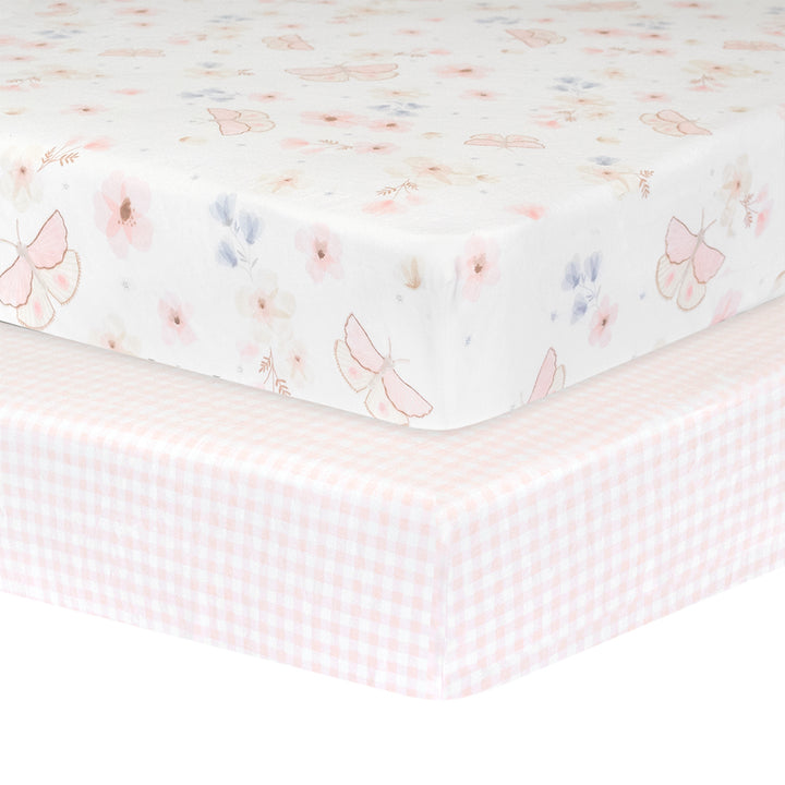 2pk Cot Fitted Sheets-Butterfly/Blush Gingham
