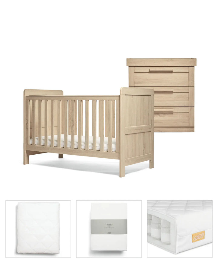 Mamas & Papas Atlas 5 Piece Set (Cotbed, Dresser Changer, Mattress, Fitted Sheets & Mattress Protector)  - Light Oak