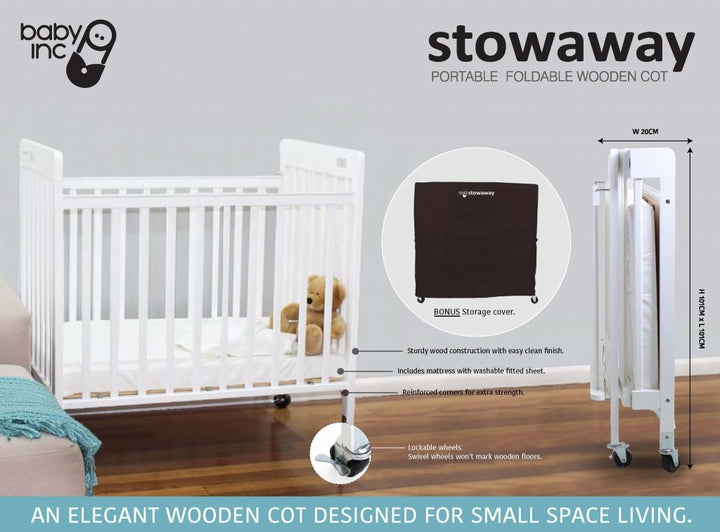 Baby Inc Stowaway Foldable Wooden Cot-White(N9608)