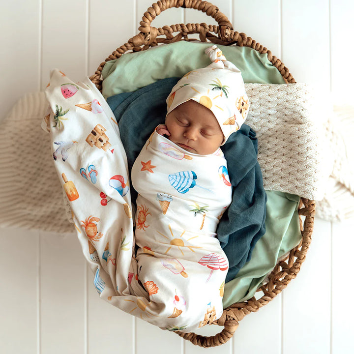 Organic Jersey Wrap & Beanie Set - Beach Fun