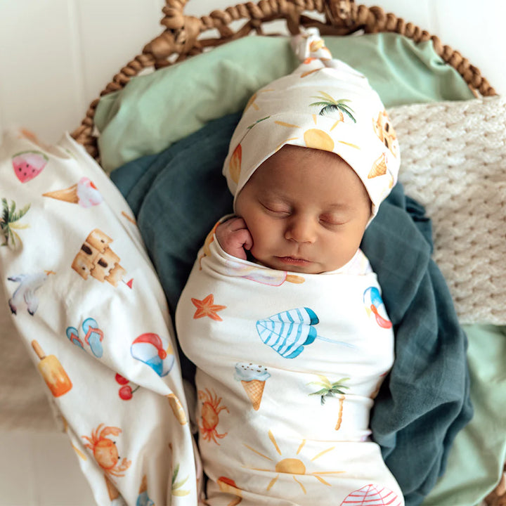 Organic Jersey Wrap & Beanie Set - Beach Fun