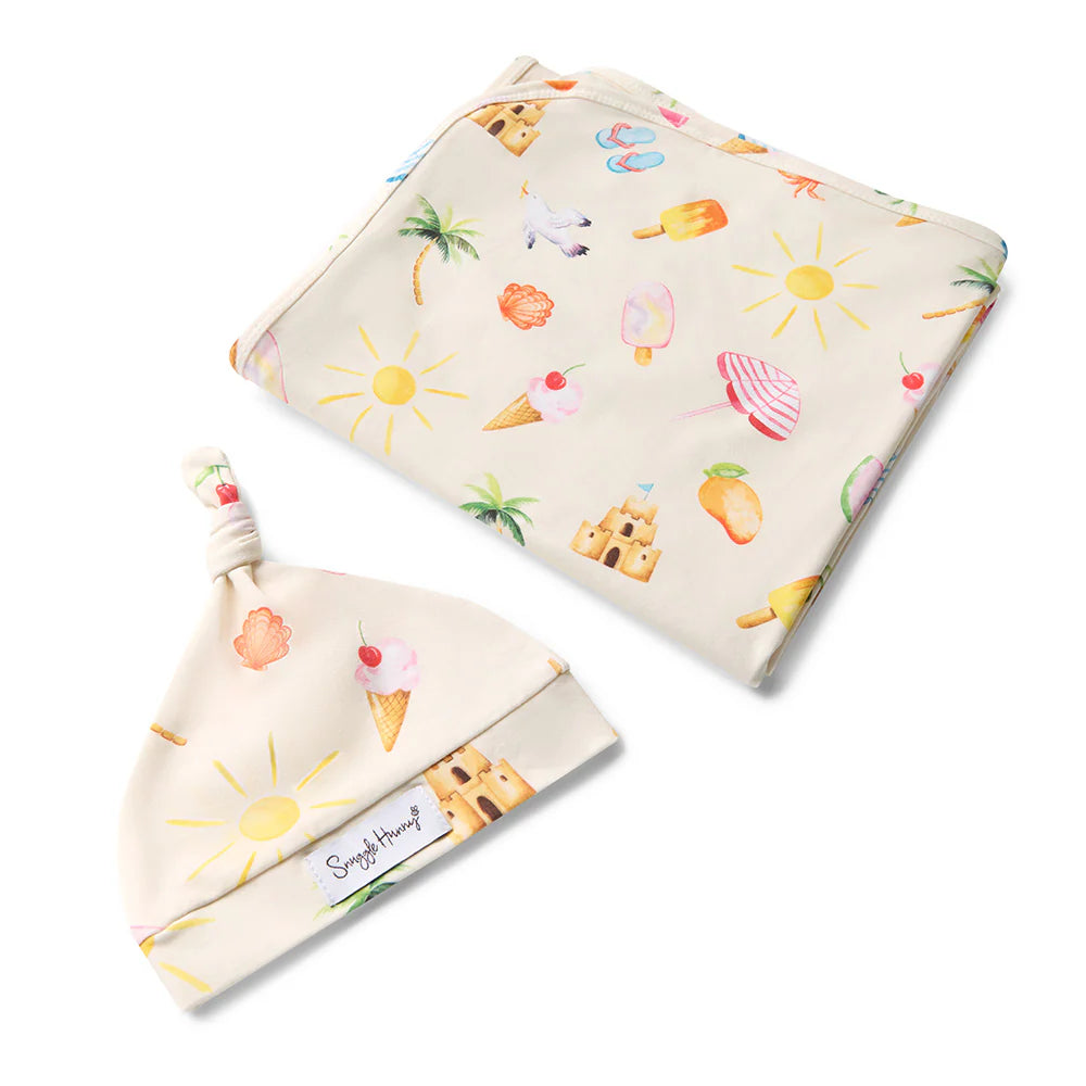 Organic Jersey Wrap & Beanie Set - Beach Fun